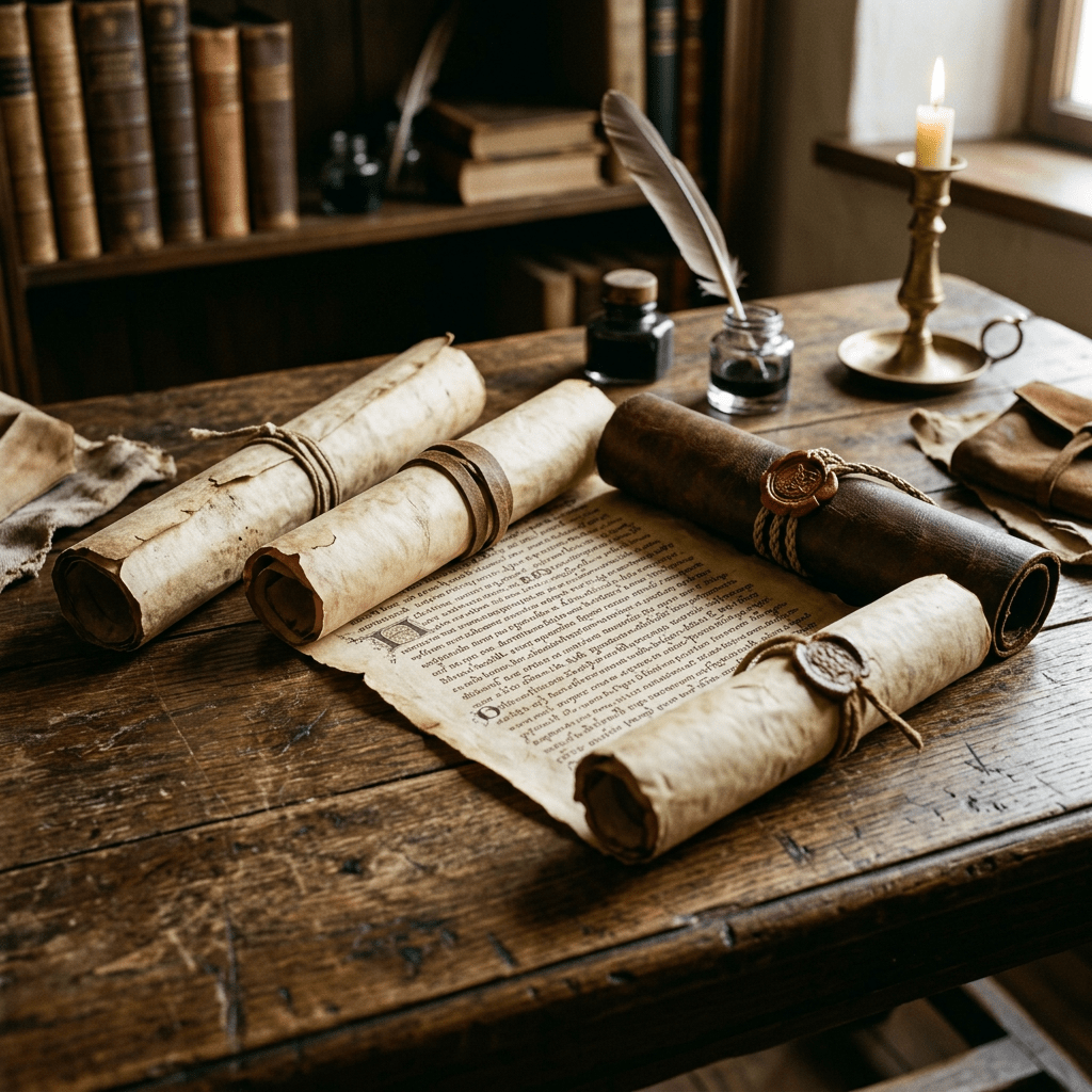 Ancient scrolls with wax seals, ink bottles, quill pen, and candle on wooden desk