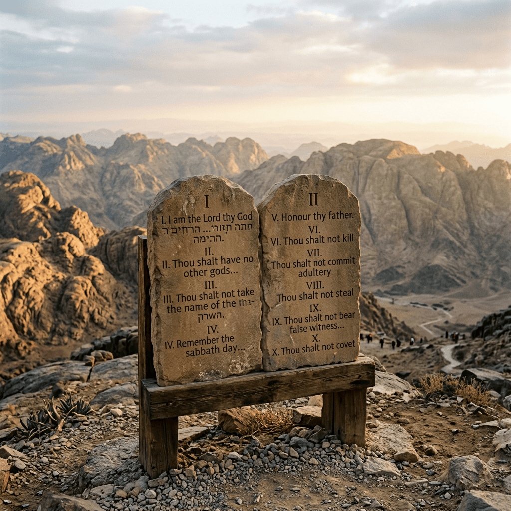 Two stone tablets display numbered Ten Commandments, including Hebrew text, before rugged mountains.