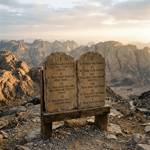 Two stone tablets display numbered Ten Commandments, including Hebrew text, before rugged mountains.